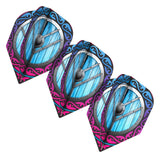 Three Viking Shield-Maiden No. 6 dart flights angled in a row, isolated on white, showing blue shield pattern and bold pink tribal accents