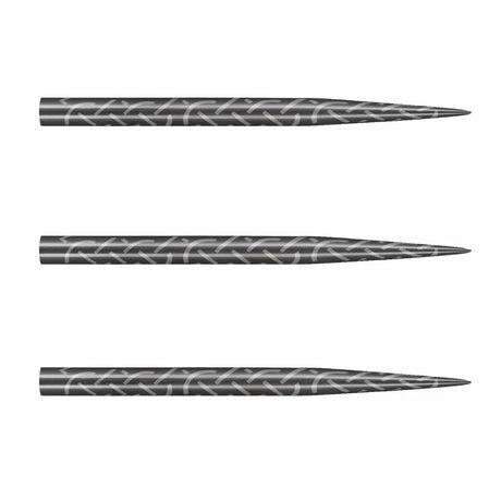 Three steel tip dart points side by side on white background featuring superfine cinder grip engraving for enhanced dart control