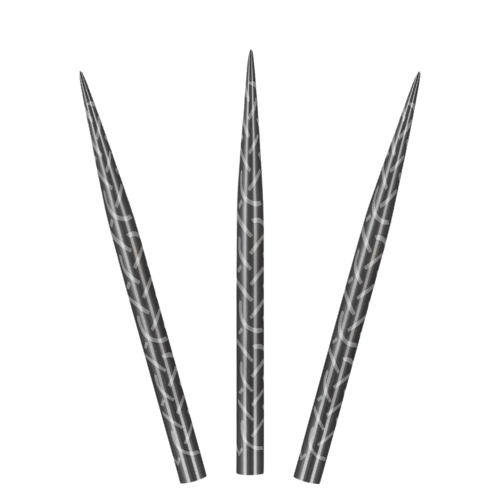Three steel tip dart points with superfine cinder grip pattern, isolated on white background, showcasing precision-engraved surface
