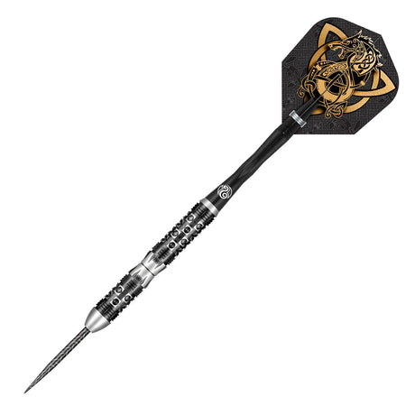 90% tungsten dart full view on white background with detailed grip barrel, engraved shaft, and Norse wolf flight design