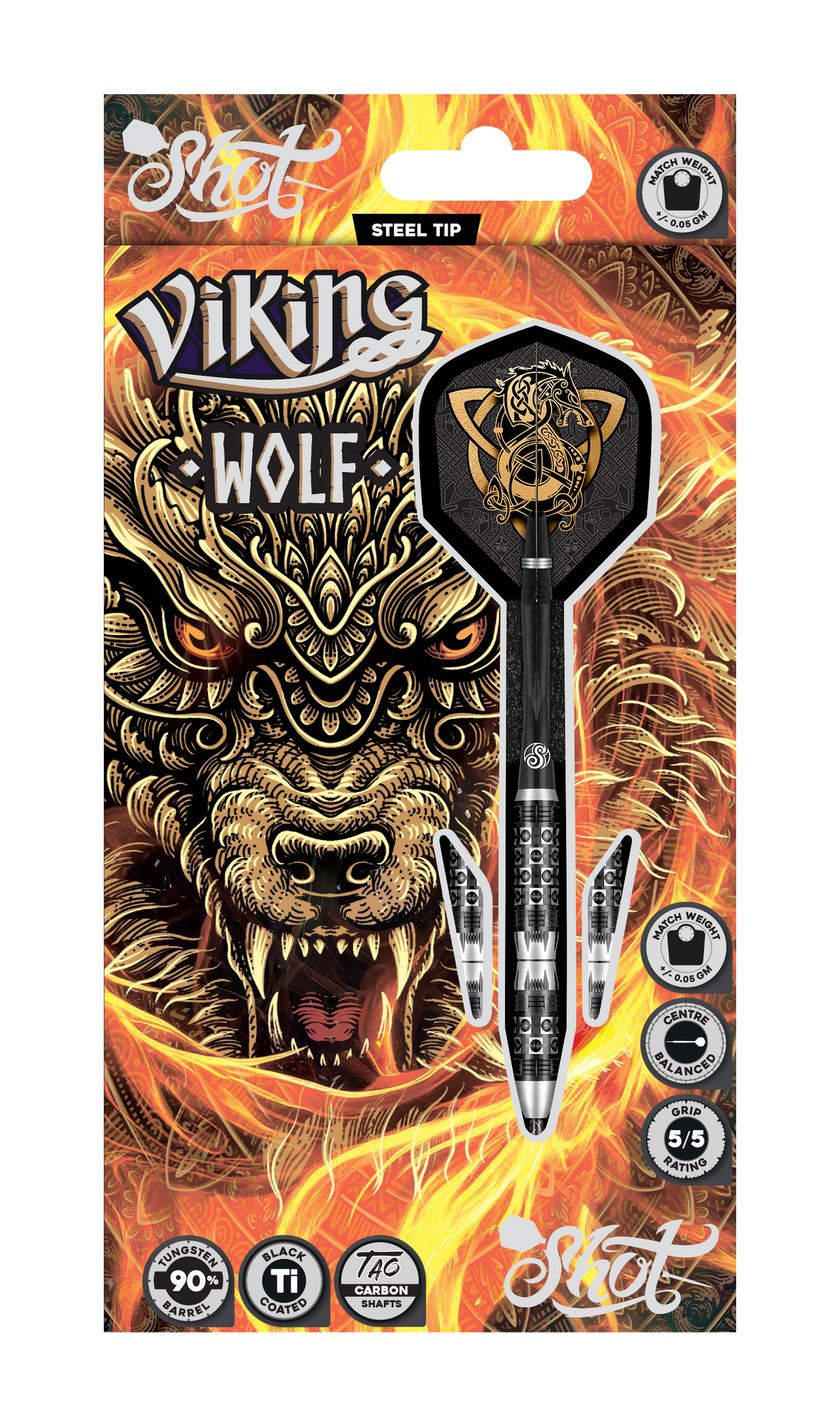 Viking Wolf 90% tungsten steel tip darts in retail packaging with wolf design flights, black barrel grip, and spare shafts shown on flame background