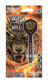 Viking Wolf 90% tungsten steel tip darts in retail packaging with wolf design flights, black barrel grip, and spare shafts shown on flame background
