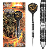 Viking Wolf 90% tungsten steel tip darts in retail packaging, single dart isolated, macro barrel grip texture close-up, wolf flight design