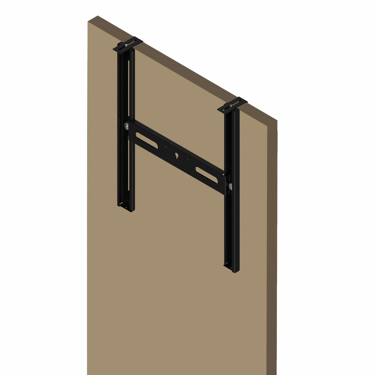 Angled full view of dartboard door hanger bracket mounted on top of door, showing metal adjustable installation for portable darts setup