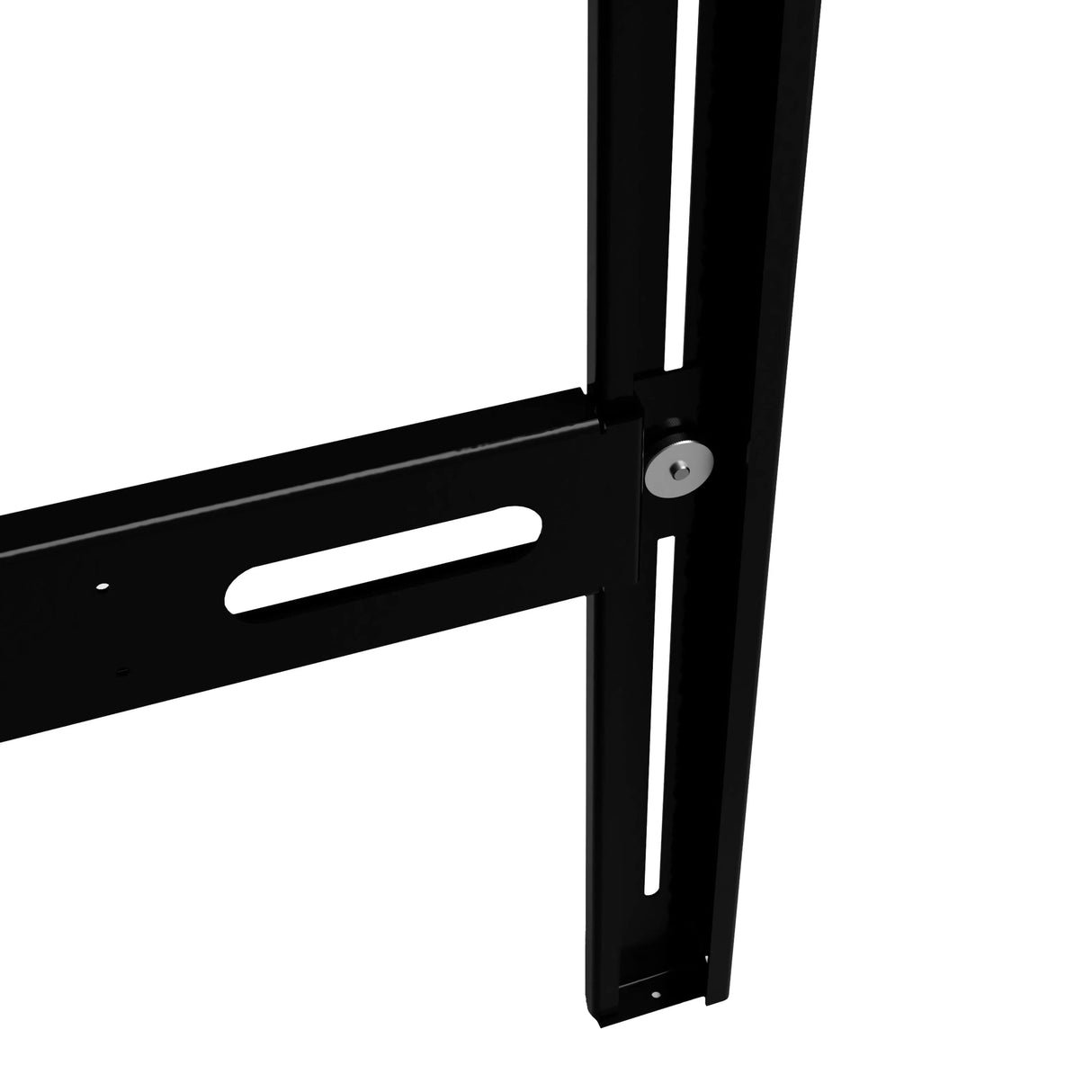 Close-up of dartboard door hanger bracket, showing adjustable metal arm, mounting slot, and hardware for secure darts setup