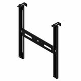 Angled view of adjustable metal dartboard door hanger bracket with mounting slots, hooks, and powder-coated black finish.
