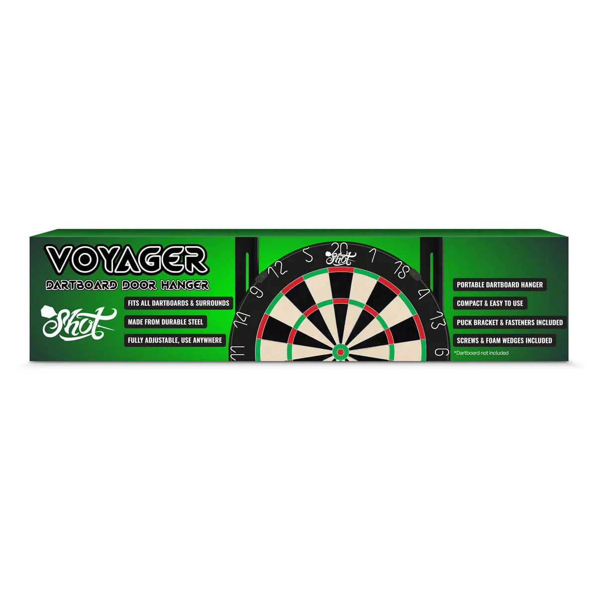 Voyager dartboard door hanger box packaging front view with dartboard graphic, key features listed for portable darts setup