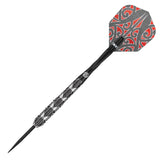 Tungsten dart with intricate black grip barrel and red tribal design flight, angled full view on white background
