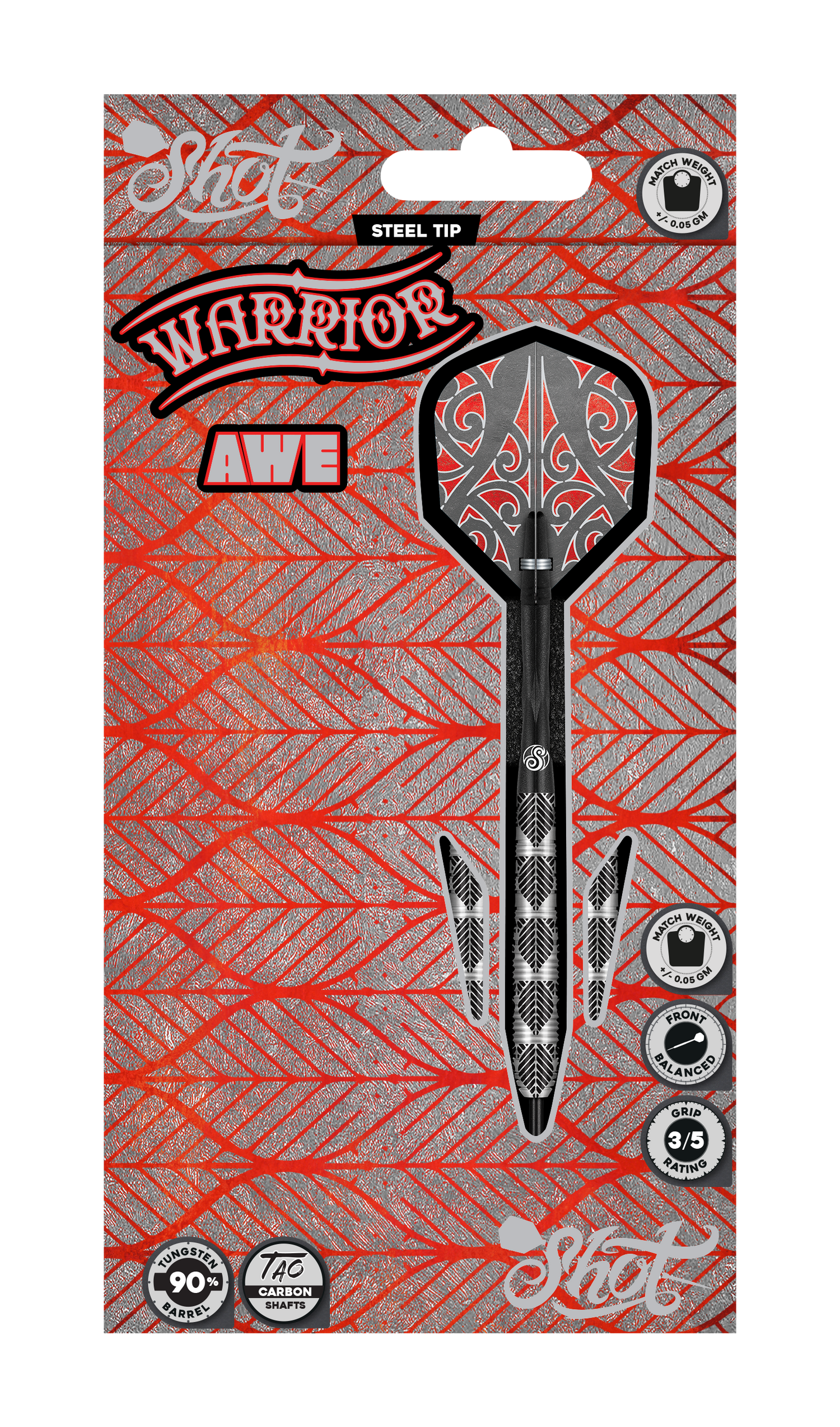 Steel tip tungsten dart in retail packaging, front-facing with feather pattern barrel grip, detailed flight, and specs for darts buyers