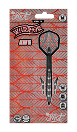 Steel tip tungsten dart in retail packaging, front-facing with feather pattern barrel grip, detailed flight, and specs for darts buyers