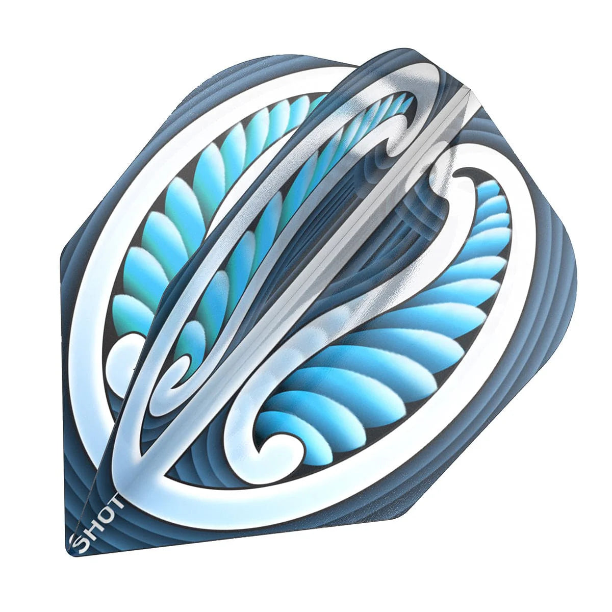 Close-up angled view of three stacked blue standard dart flights with intricate feathered pattern, isolated on white background