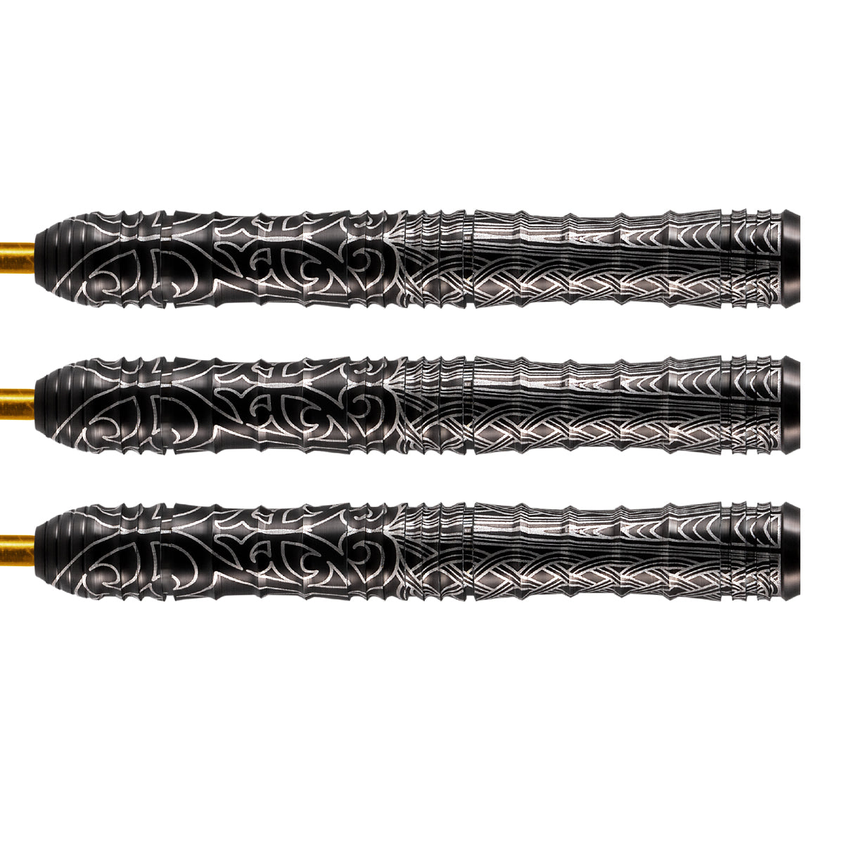 Detailed close-up of three 90 percent tungsten dart barrels with intricate grip texture and engraved patterns, isolated on white background.