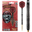 Steel tip tungsten darts in retail packaging plus close-up of intricate black barrel grip and red patterned flight