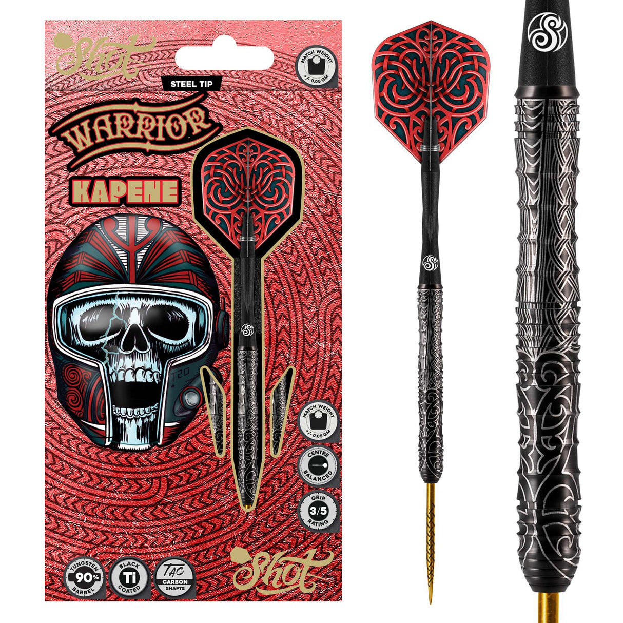 Steel tip tungsten darts in retail packaging plus close-up of intricate black barrel grip and red patterned flight