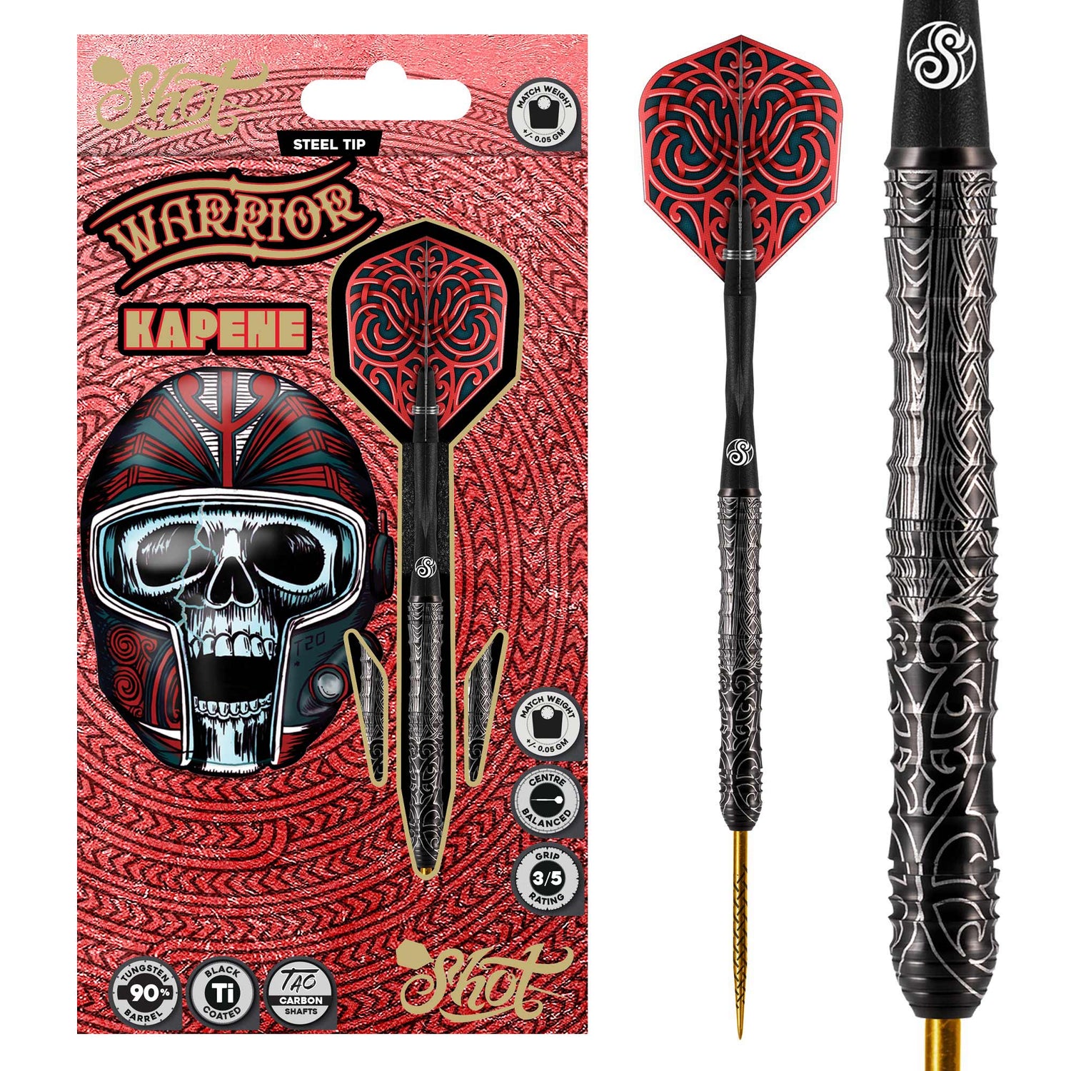 Steel tip tungsten darts in retail packaging plus close-up of intricate black barrel grip and red patterned flight