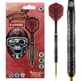 Steel tip tungsten darts in retail packaging plus close-up of intricate black barrel grip and red patterned flight