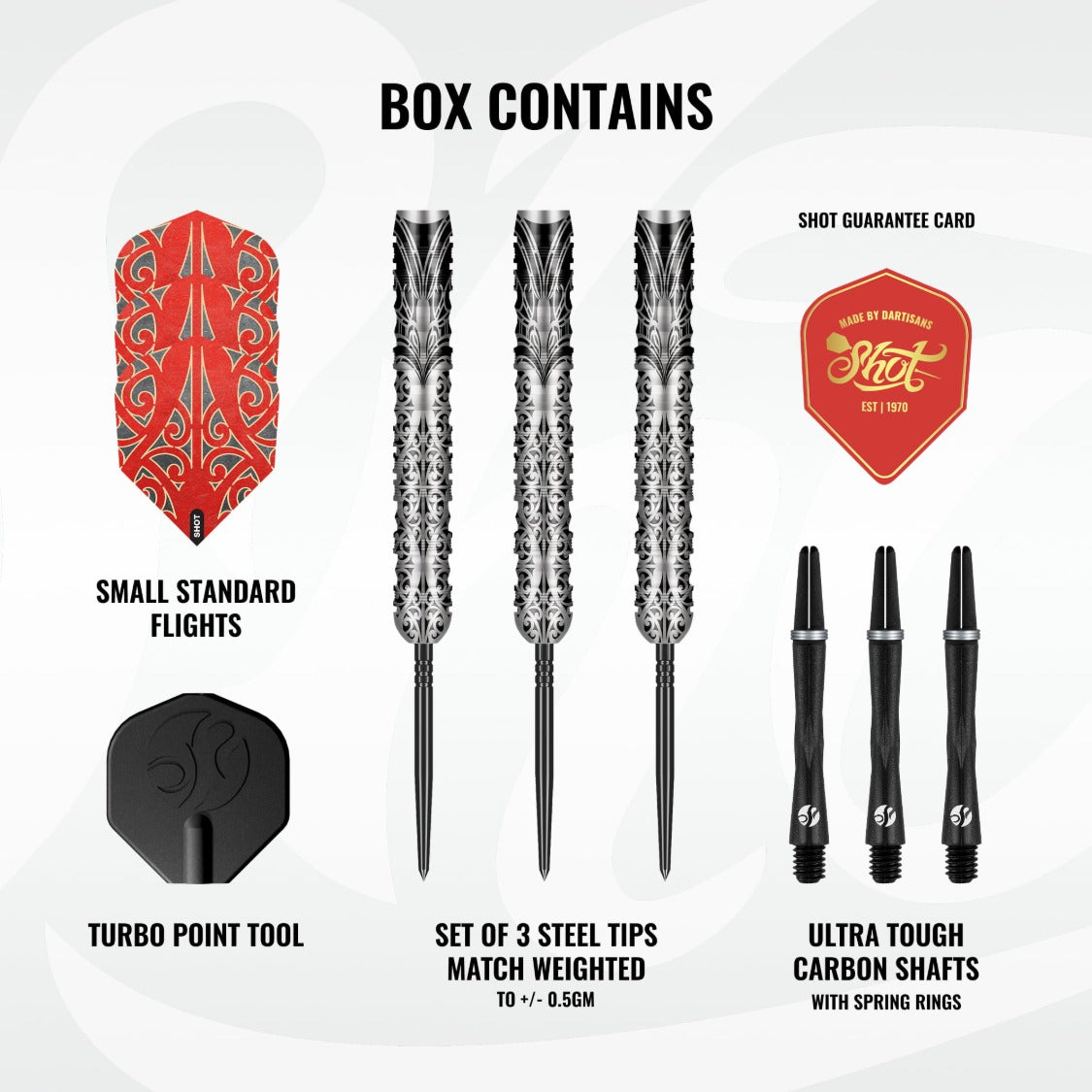 Shot Warrior Taiaha Turbo Point 90% tungsten darts – box contents