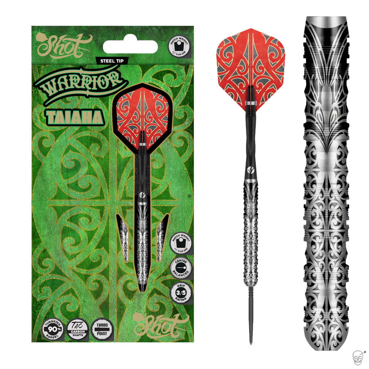 Shot Warrior Taiaha Turbo Point 90% tungsten darts – packaging, full dart and barrel close-up
