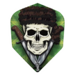 Dart flight close-up with skull in fur hat and crossed knives, vivid green background, durable No.6 shape for dart accuracy
