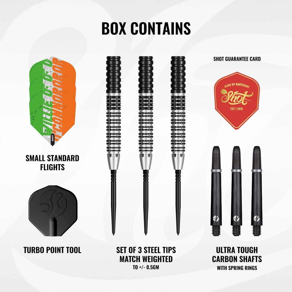 Shot Willie O'Connor Magpie Turbo Point 90% tungsten darts – box contents