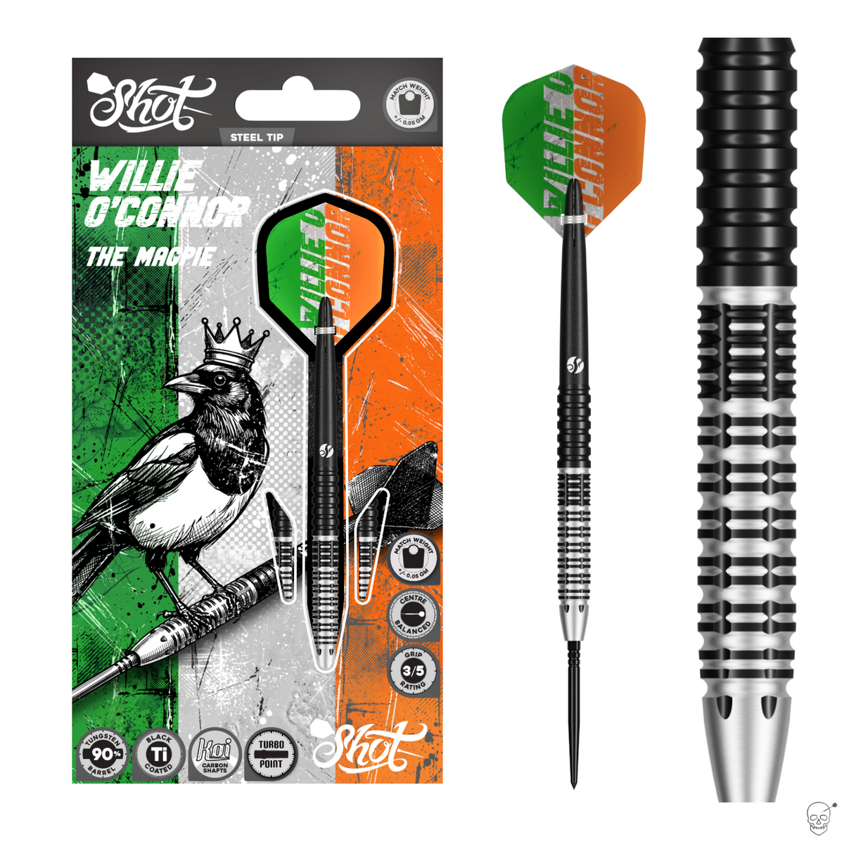 Shot Willie O'Connor Magpie Turbo Point 90% tungsten darts – packaging, full dart and barrel close-up