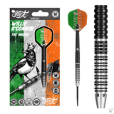 Shot Willie O'Connor Magpie Turbo Point 90% tungsten darts – packaging, full dart and barrel close-up