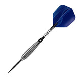 Angled full view of tungsten dart with textured grip barrel and blue flight, isolated on white background