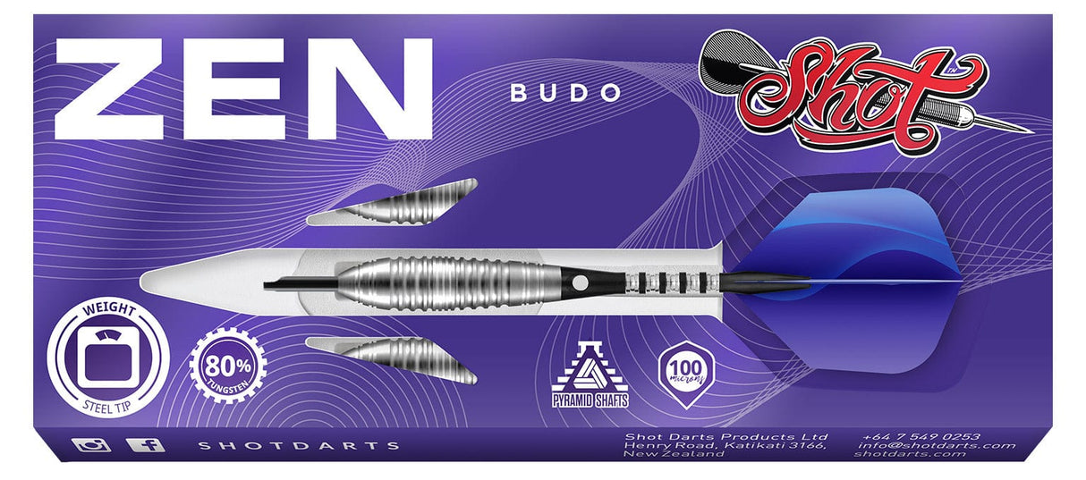 Zen Budo 80% tungsten dart in retail packaging, full view highlighting precision barrel grip, steel tip, blue flight, and product details.