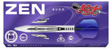 Zen Budo 80% tungsten dart in retail packaging, full view highlighting precision barrel grip, steel tip, blue flight, and product details.