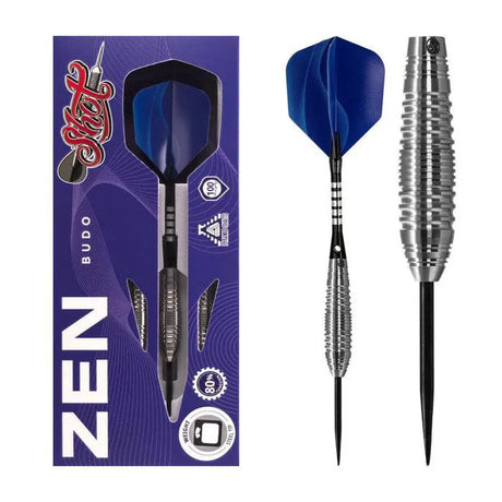 Steel tip tungsten dart with blue flights shown in packaging and isolated, highlighting precision grooved barrel grip