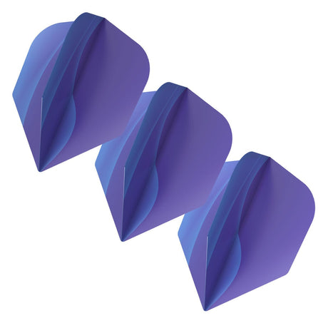 Three purple dart flights arranged in angled view on white background, showing 100 micron thickness and standard flight design