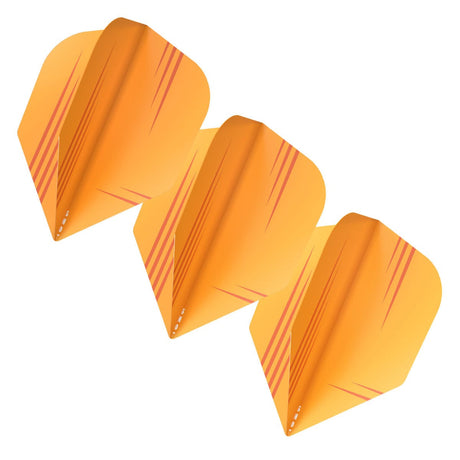 Three orange dart flights with red stripes, angled full view, isolated on white background, highlighting lightweight 100 micron design