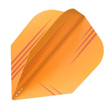 Single orange dart flight angled close-up, showing aerodynamic striped design and sturdy 100 micron construction on white background