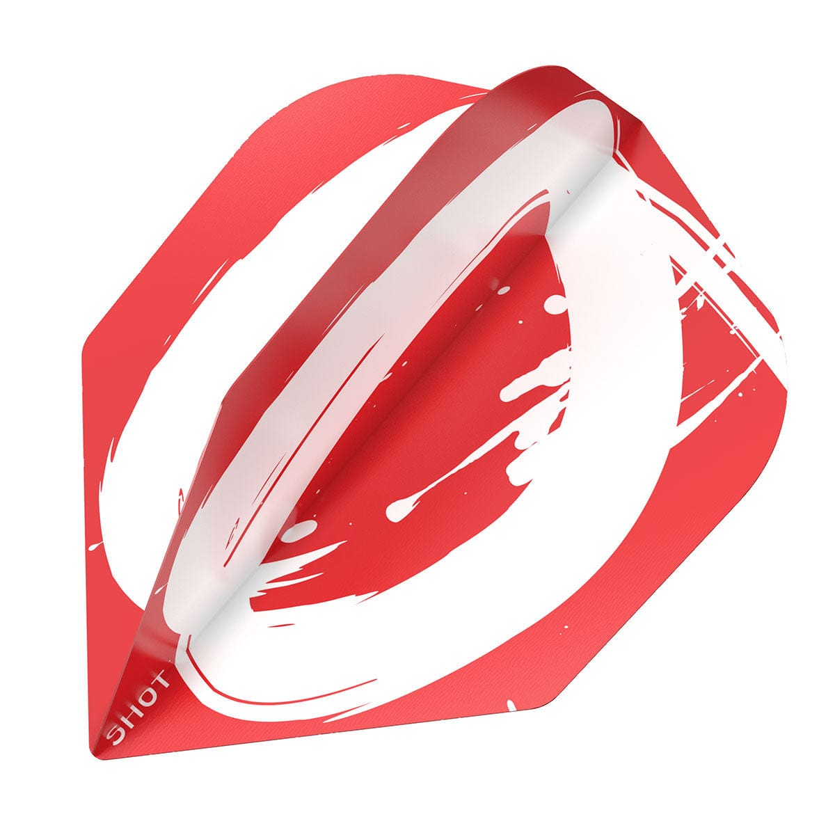 Angled close-up of red and white Zen Enso No.6 dart flight with bold brushstroke design, isolated on white background