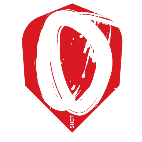 Red No.6 dart flight with bold white Enso brushstroke design, isolated on white background for dart accessories