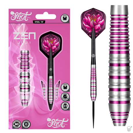 Steel tip tungsten darts in retail packaging, single dart with lotus flight, and close-up of pink-silver grooved barrel