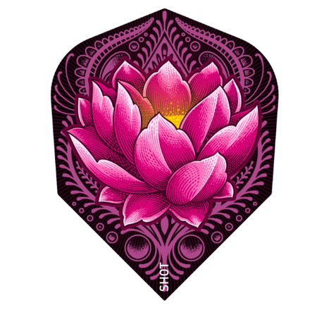 Close-up of Zen Juji No.6 dart flight with intricate pink lotus artwork, standard shape, durable 100 micron polymer, isolated on white