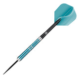 Angled view of tungsten dart with grooved blue grip barrel and turquoise flight, isolated on white for darts equipment buyers