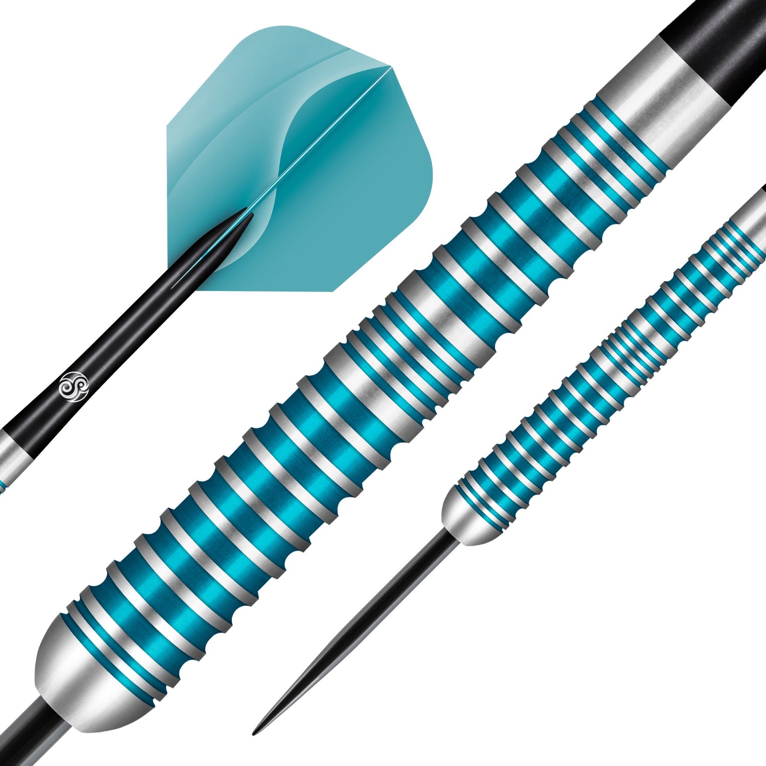 Close-up macro of 80% tungsten dart barrel with blue grooves, steel tip, and grip texture, isolated on white for dart players