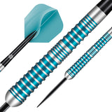Close-up macro of 80% tungsten dart barrel with blue grooves, steel tip, and grip texture, isolated on white for dart players