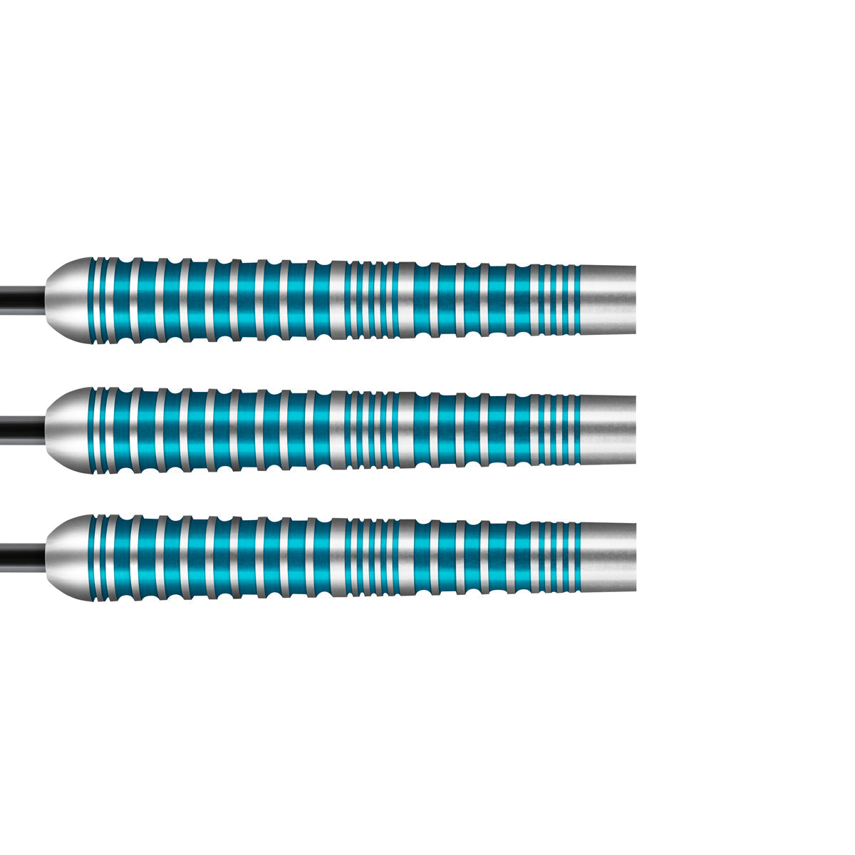 Close-up side view of three 80 percent tungsten dart barrels with blue grooved rings, ergonomic grip highlighted on white background