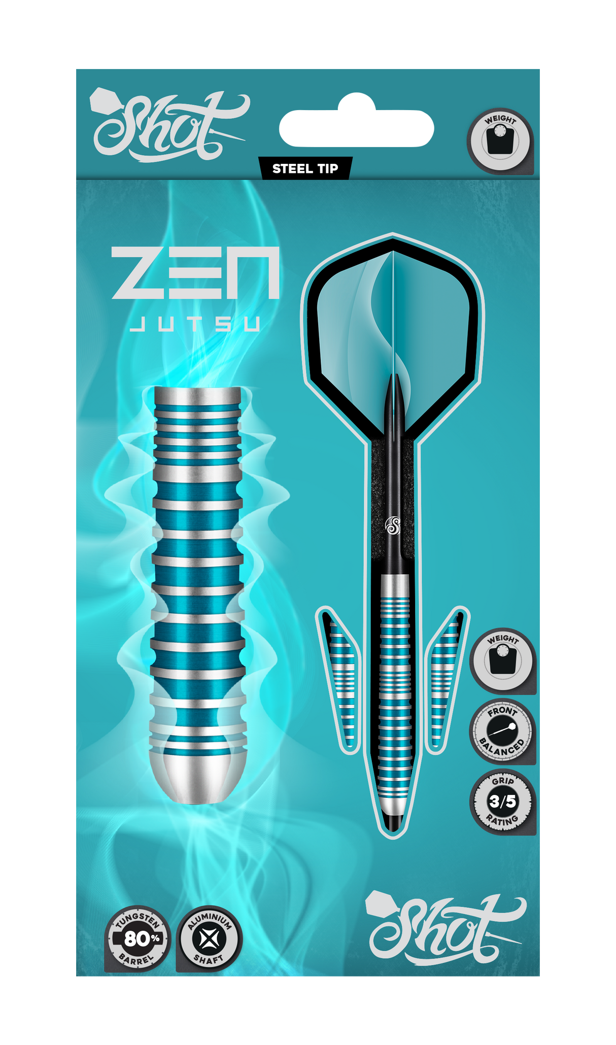 Steel tip tungsten darts set in retail packaging, full view with blue ringed grip barrels, aluminum shafts, and included flights.