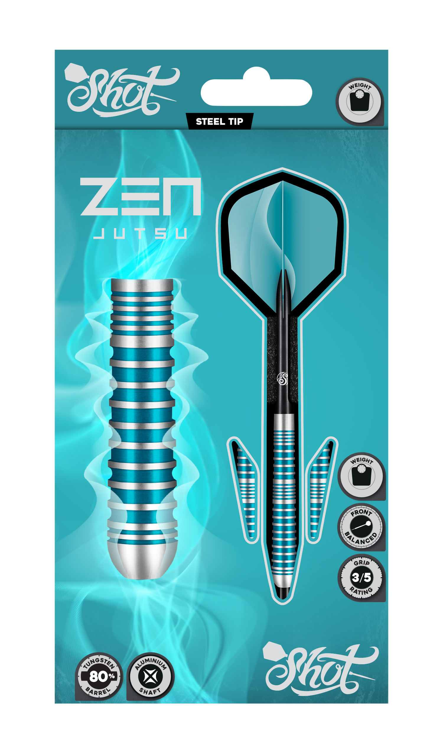 Steel tip tungsten darts set in retail packaging, full view with blue ringed grip barrels, aluminum shafts, and included flights.