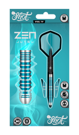 Steel tip tungsten darts set in retail packaging, full view with blue ringed grip barrels, aluminum shafts, and included flights.