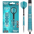 Steel tip tungsten darts in retail packaging with turquoise grooved barrel, aluminum shaft, and close-up grip detail