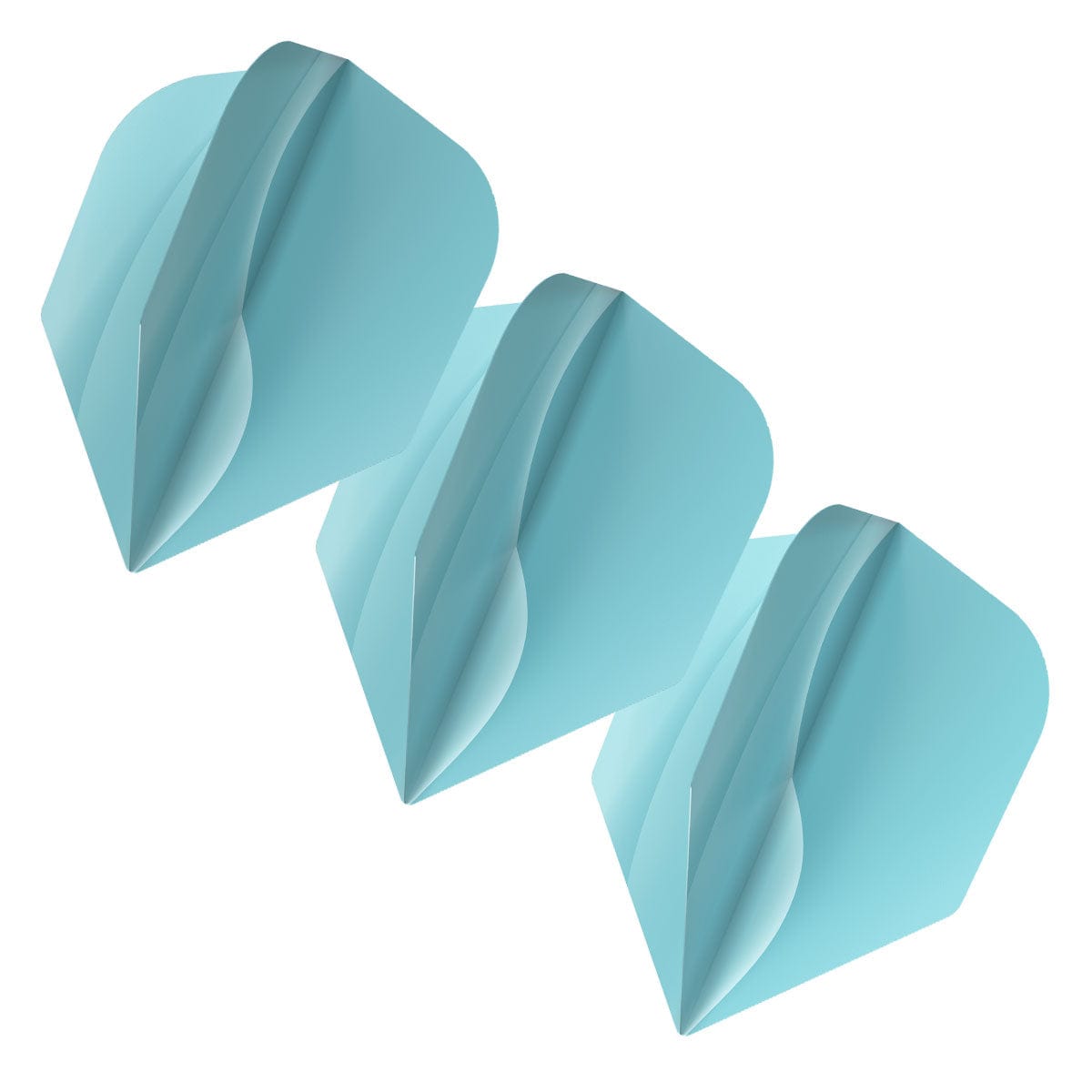 Three light blue dart flights angled side by side, fully assembled and isolated on white background for darts equipment display