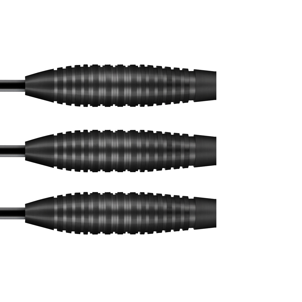 Close-up side view of three 90% tungsten dart barrels with black grooved grip, isolated on white for dart equipment buyers