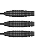 Close-up side view of three 90% tungsten dart barrels with black grooved grip, isolated on white for dart equipment buyers