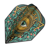 Close-up of Zen Kensho dart flight with detailed gold, teal, and red eye design, isolated on white background for dart equipment.