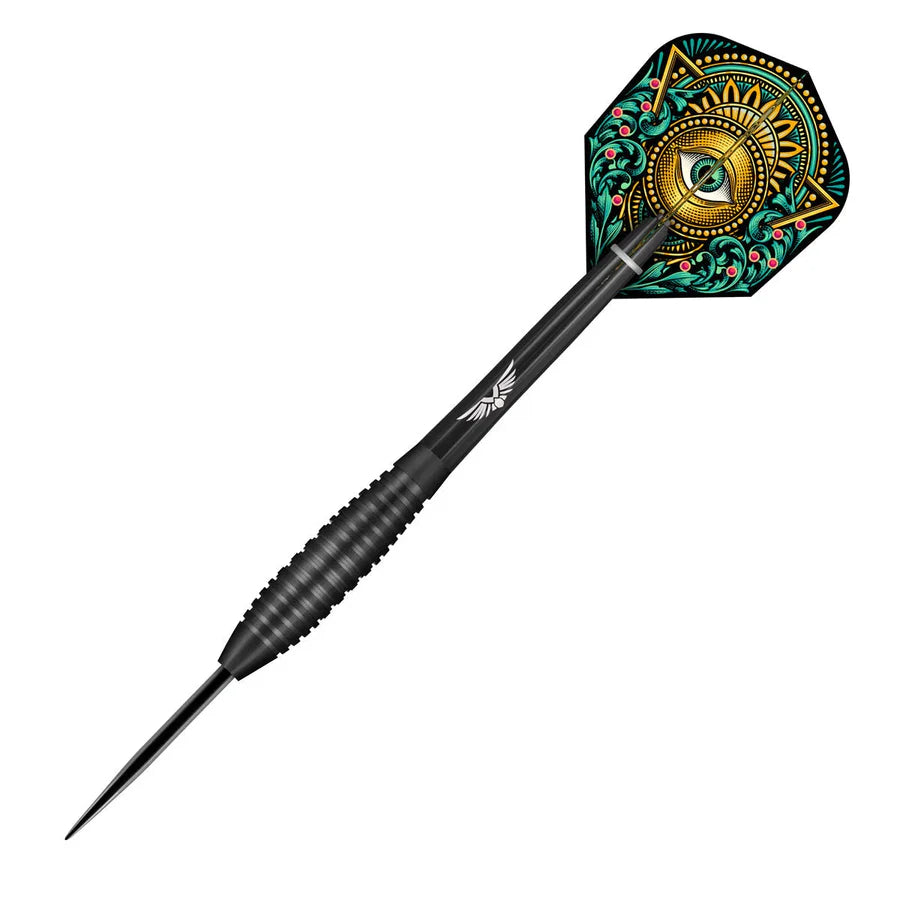 Full view 90% tungsten dart with black knurled grip and detailed mandala flight, isolated on white background